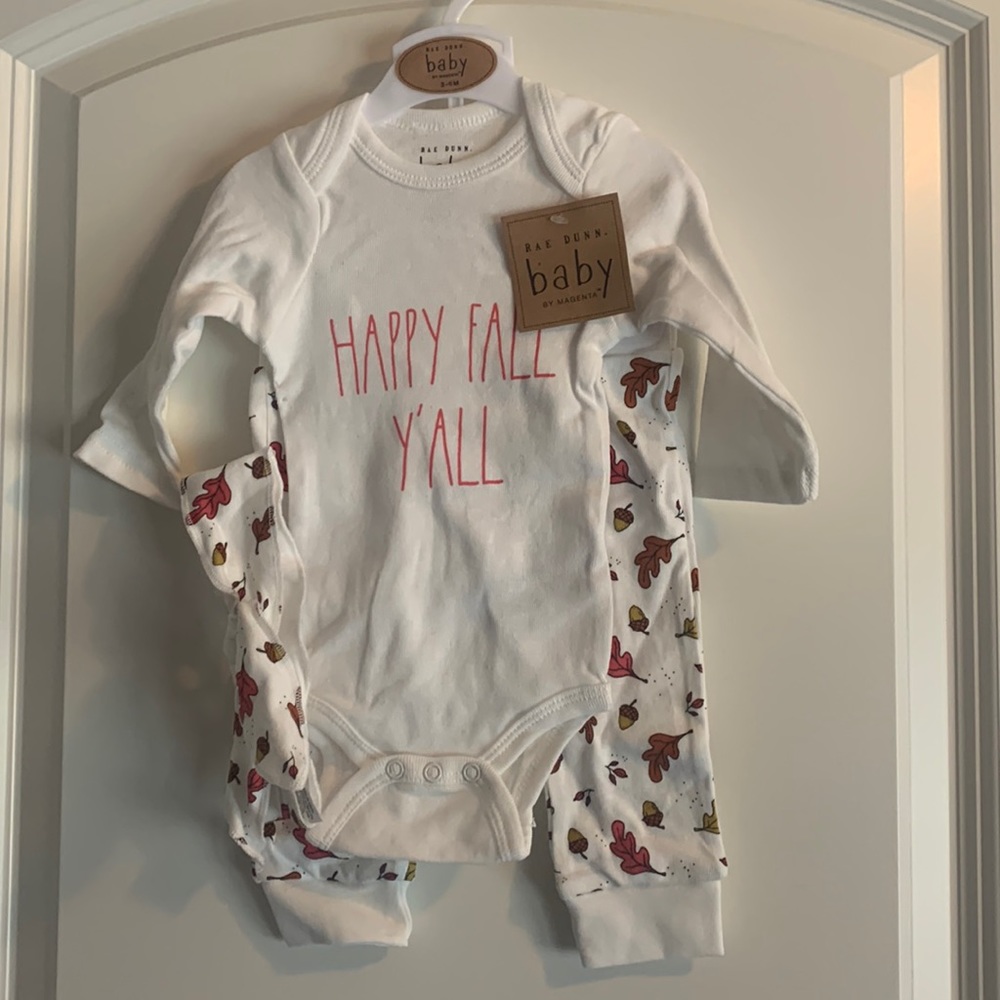Rae Dunn happy fall y’all baby bodysuit pants and bow gift set